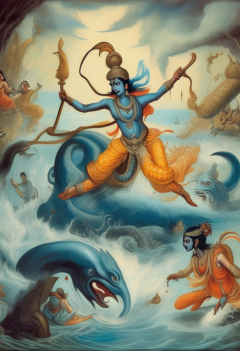 lord krishna fighting sea monster 