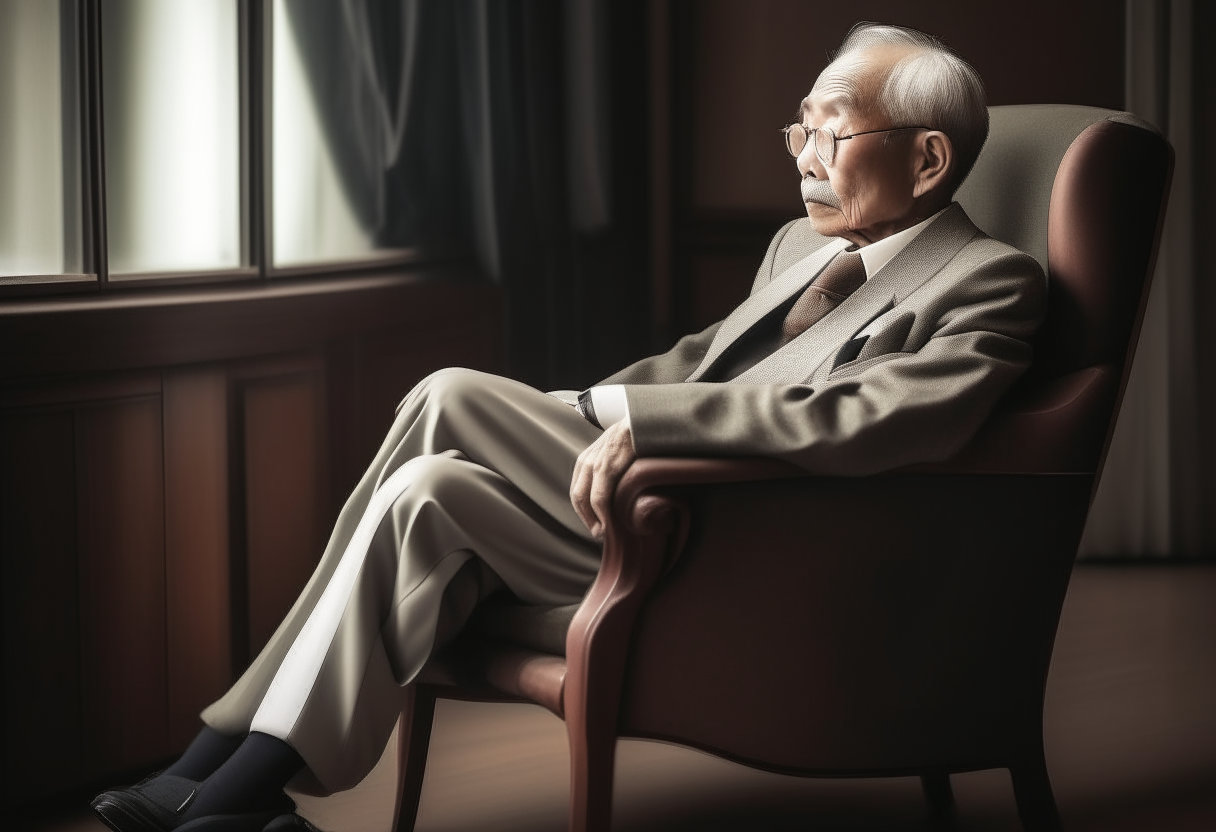 An Korean old man thinking while suiting on a lux chair