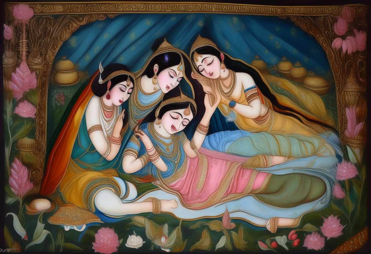 Lord Krishna resting in bed surrounded by his wives Radha, Rukmini and Satyabhama. He has fallen ill but maintains a peaceful expression as his devoted wives attend to his needs and comfort him. Created using traditional Indian miniature painting techniques.