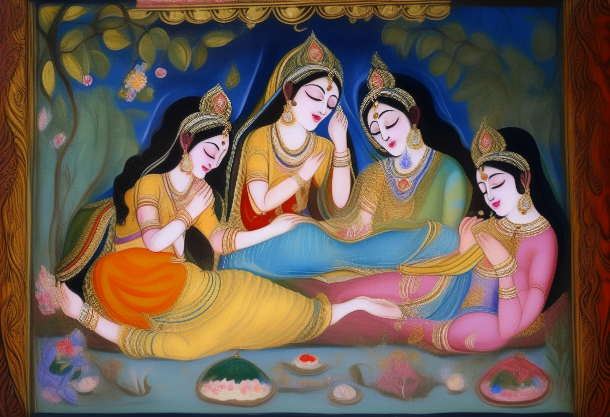 Lord Krishna resting peacefully in bed, surrounded by his devoted wives Radha, Rukmini and Satyabhama. The vaidya examines Krishna and mixes herbs to treat his illness, while his wives look on with concern and faith in the healer. Created using traditional Indian miniature painting techniques.