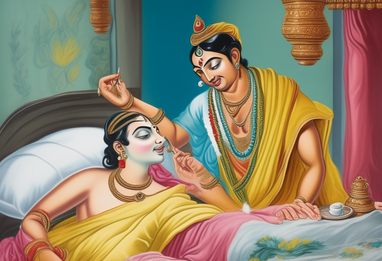 Lord Krishna lying in bed with a cloth on his forehead, being attended to by a Vaidya or Ayurvedic doctor checking his pulse as part of examining and treating him for a fever