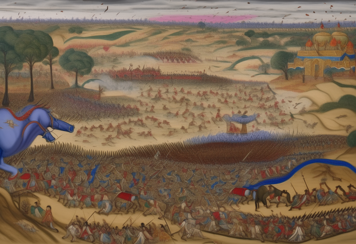 A grand aerial view of the sprawling battlefield on a vast dusty plain, where the armies of the Yadava clan led by Krishna are arrayed against the invading forces of Jarasandha. In the foreground, Krishna on his chariot advises Balarama and other Yadava generals amidst the chaos of battle, while in the distance the armies engage in fierce combat, with colorful banners and weapons clashing in the haze.