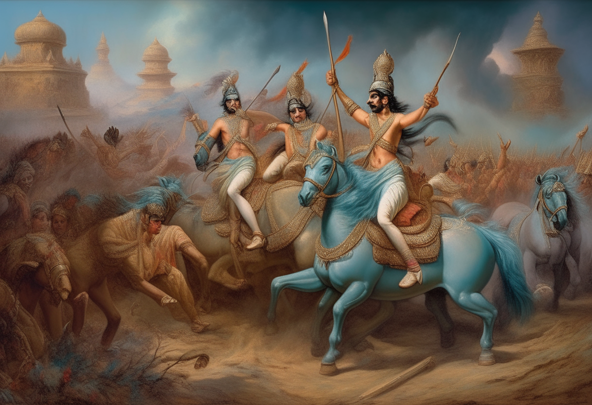 In the heat of battle, Krishna sits atop his chariot surrounded by Balarama and other Yadava generals. He gestures animatedly while offering counsel, as the generals listen intently amidst the chaos unfolding around them. In the background, a vast battlefield is visible through swirling dust, with armies clashing in the distance.