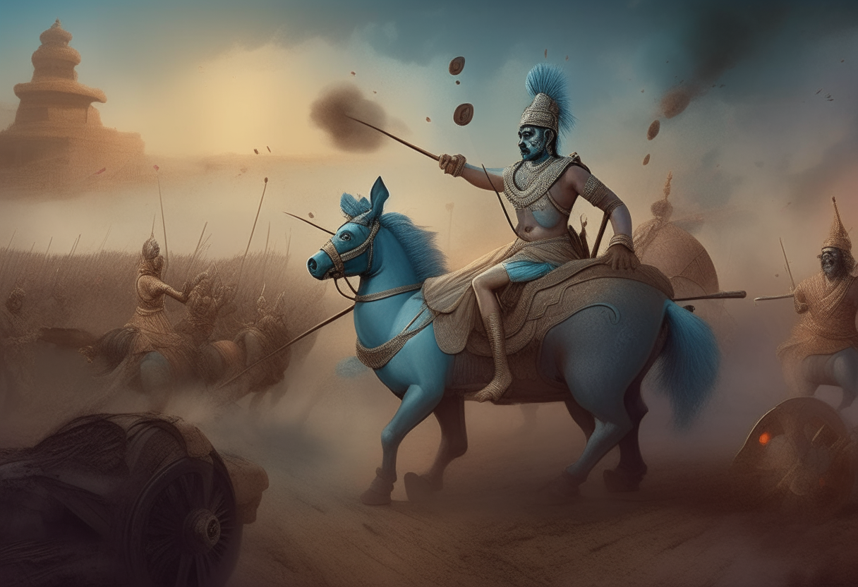 Krishna sits atop his chariot on a dusty battlefield, surrounded by Balarama and other generals listening intently. Krishna gestures with animated expressions as he offers counsel. Realistic textures like worn leather armor and woven fabrics are visible. Subtle lighting brings out forms and textures, with a hazy background visible through swirling dust kicked up by clashing armies in the distance.