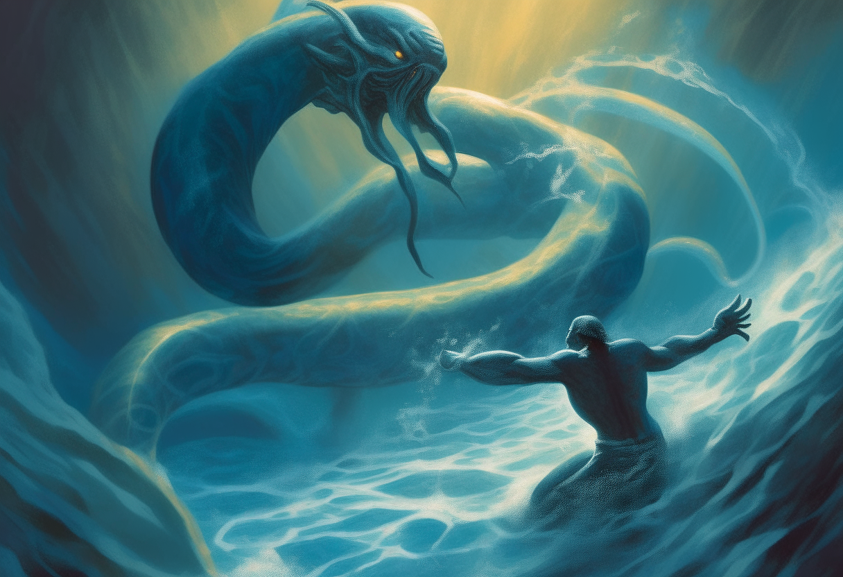 Underwater scene showing a humanoid figure wrestling with a large, coiling serpent amidst rippling blue waves and sunlight filtering through the surface above