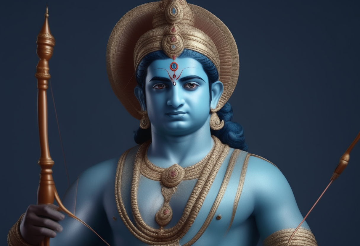 portrait of Lord Rama from Hindu mythology, photorealistic face, detailed crown and clothes, standing tall with bow and arrow faint image of Lord Vishnu with four arms behind Rama, blue skin, holding conch shell and discus