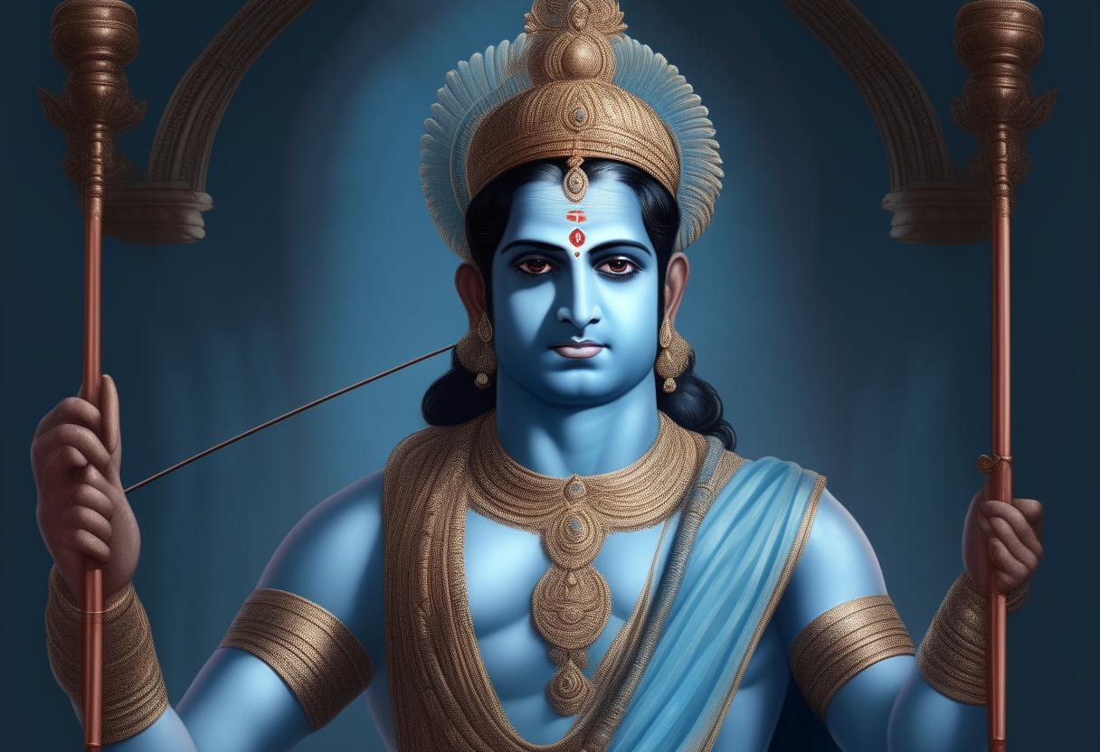 portrait of Lord Rama from Hindu mythology, photorealistic face, detailed crown and clothes, standing tall with bow and arrow in front of a temple large transparent image of Lord Vishnu with four arms behind the temple, blue skin, holding conch shell and discus, enveloping Rama to indicate their connection as avatar and deity