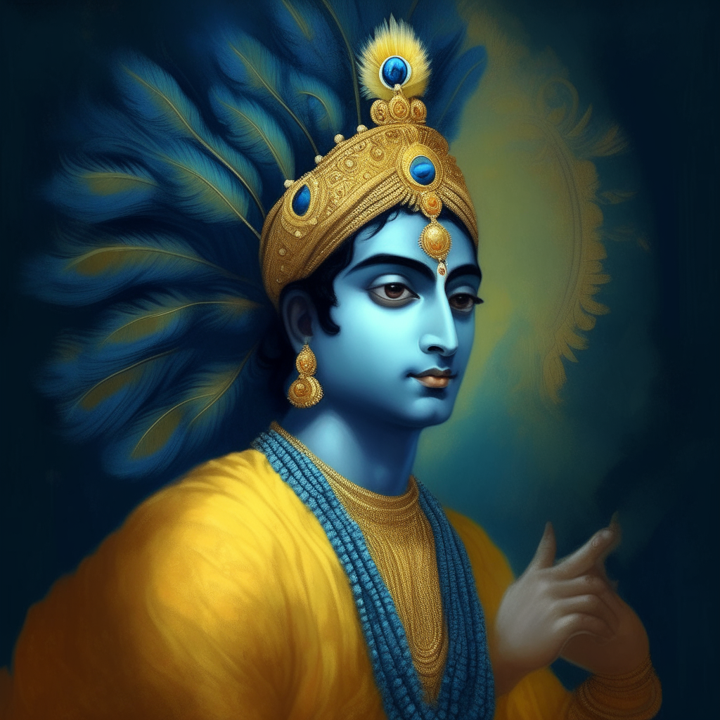 portrait of Lord Krishna with blue skin and peacock feather crown, dressed in yellow robes as depicted in traditional Hindu art