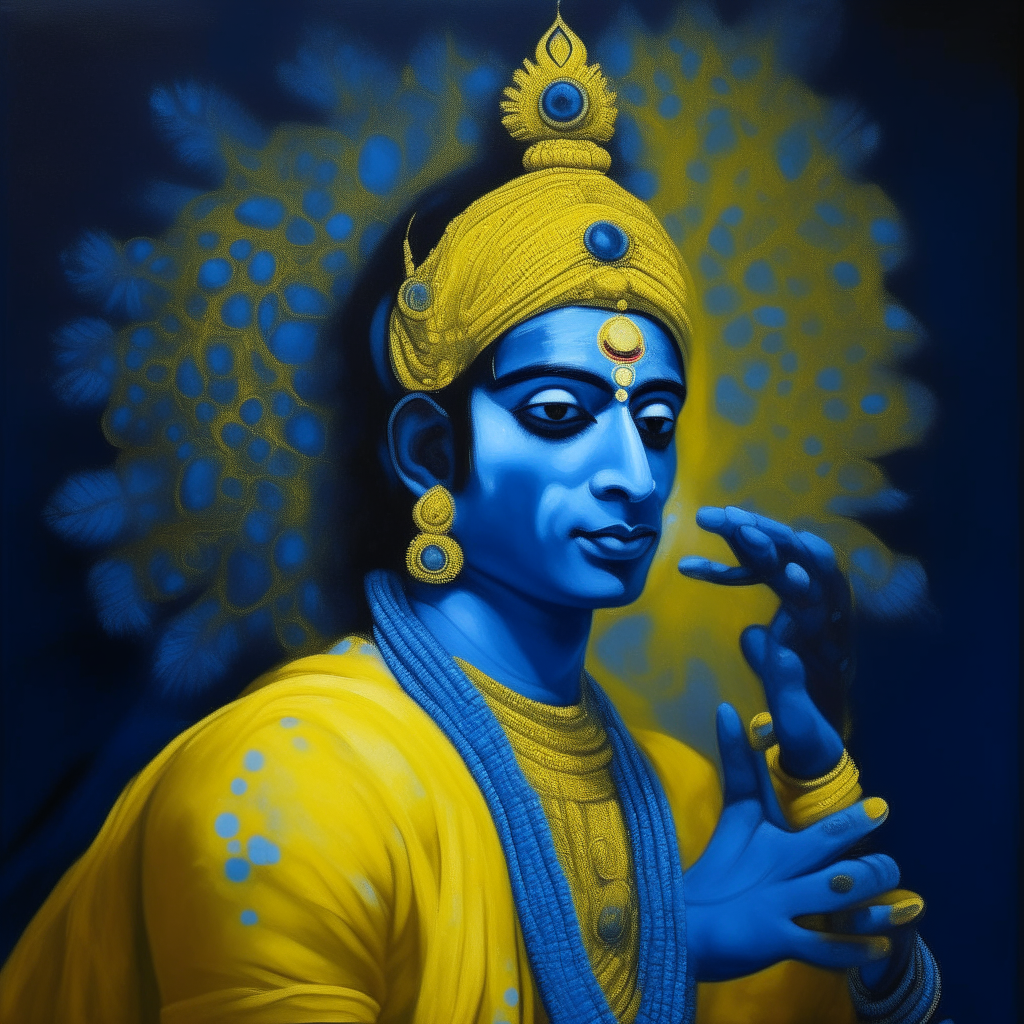 portrait of Lord Krishna with electric blue skin including hands, dressed in yellow robes as depicted in traditional Hindu art