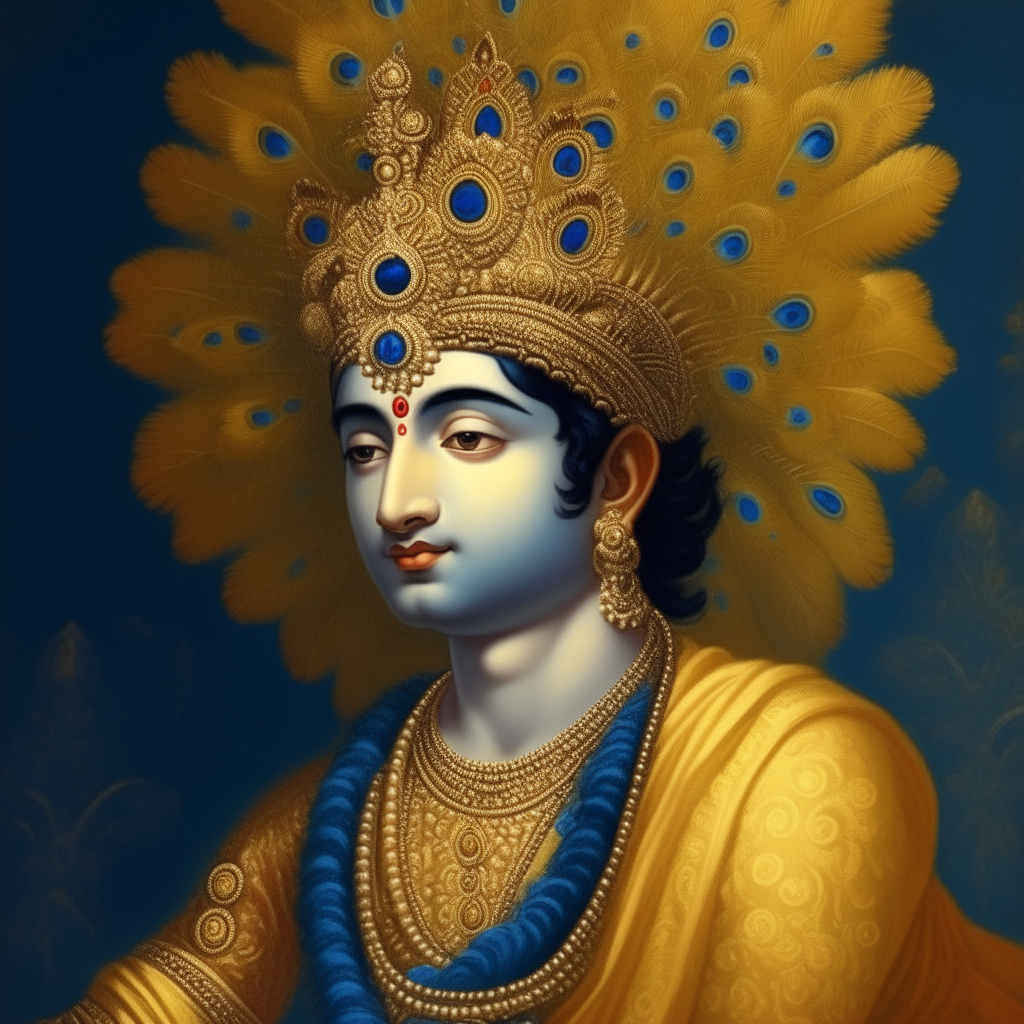 portrait of Lord Krishna with peacock feather crown and jewelry, dressed in yellow silk with intricate embroidery, dark blue skin tone, set against golden backdrop