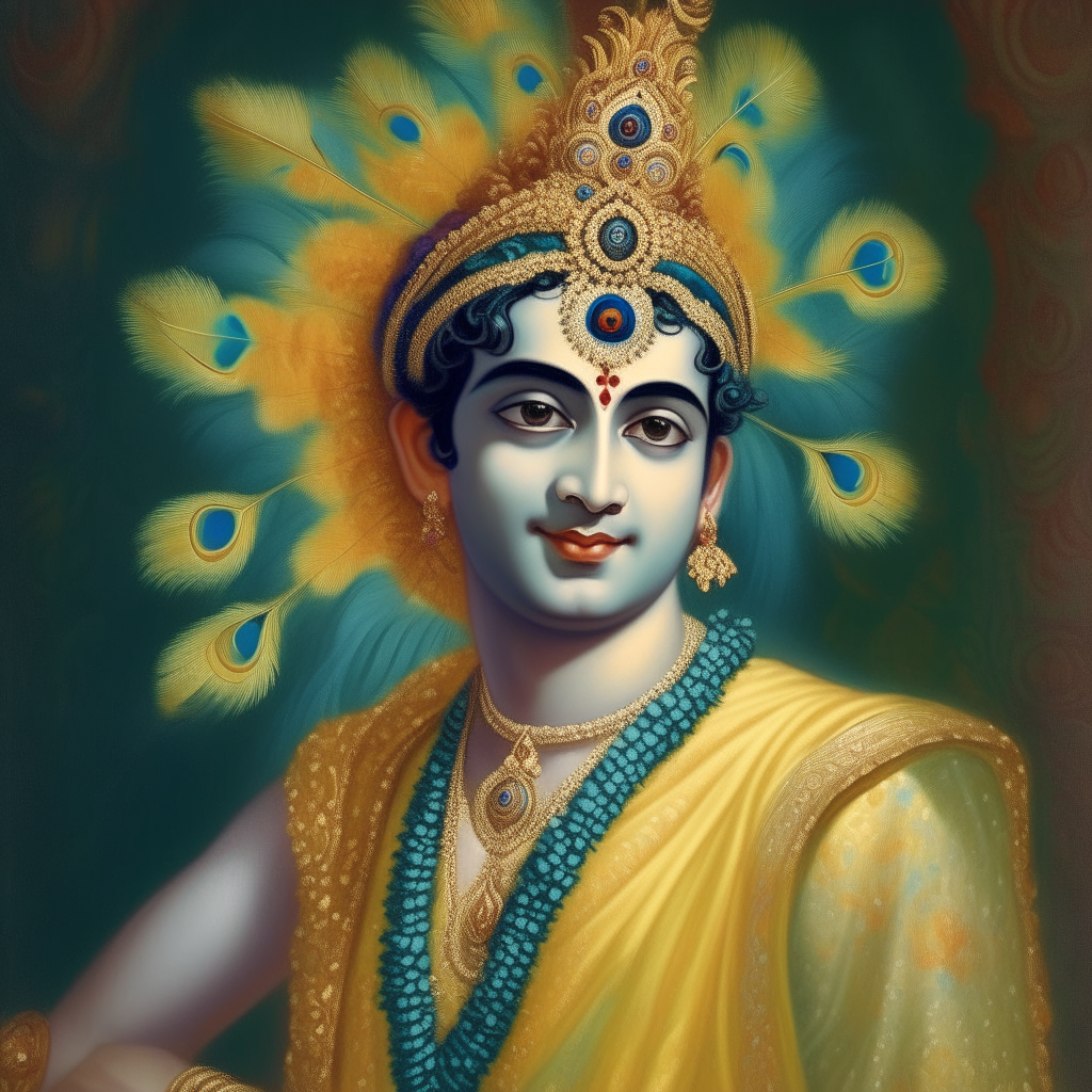 portrait of a charming Lord Krishna with peacock feather crown, dressed elegantly in vibrant silk with intricate gold embroidery, confident posture and smile, surrounded by devotees