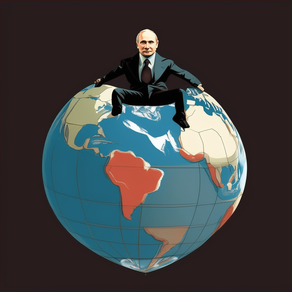 a figure representing Vladimir Putin floating above a globe, in a position of control