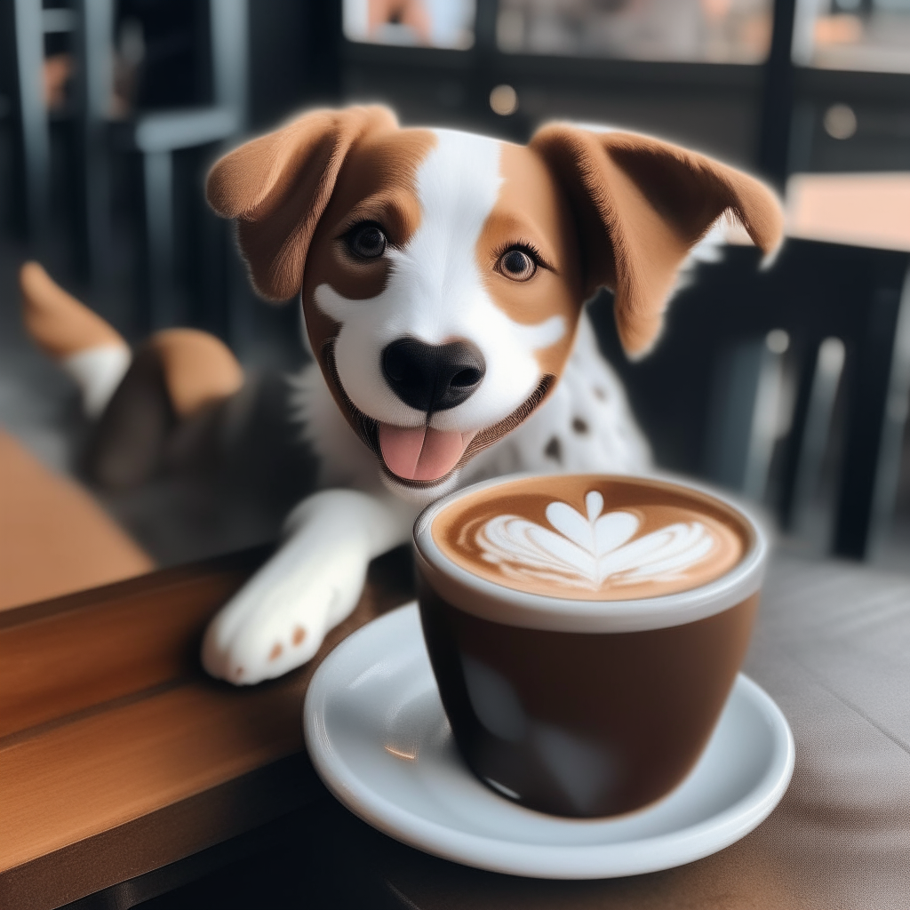 a happy puppy drinking a latte with heart-shaped foam art in a coffee shop