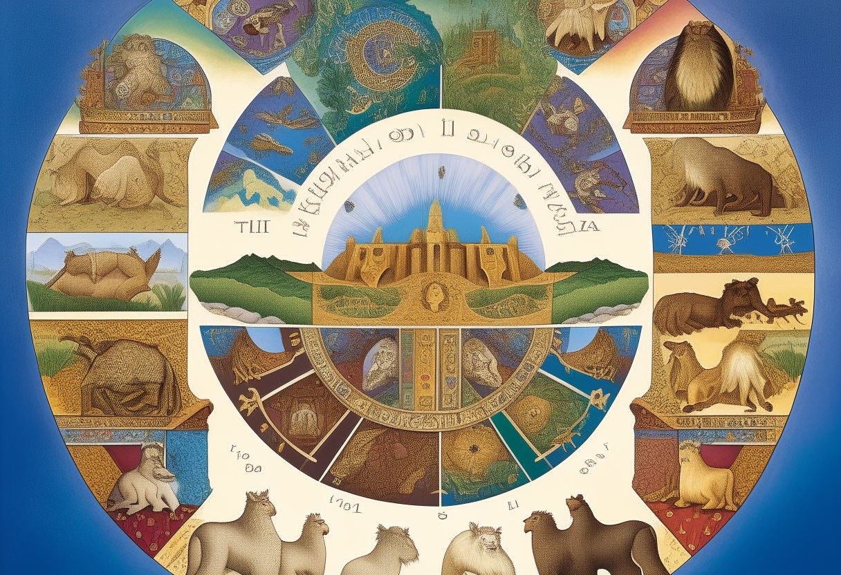 a symbolic representation of the 12 tribes of Israel, with each tribe depicted by their identifying symbol or emblem against a backdrop of the Holy Land