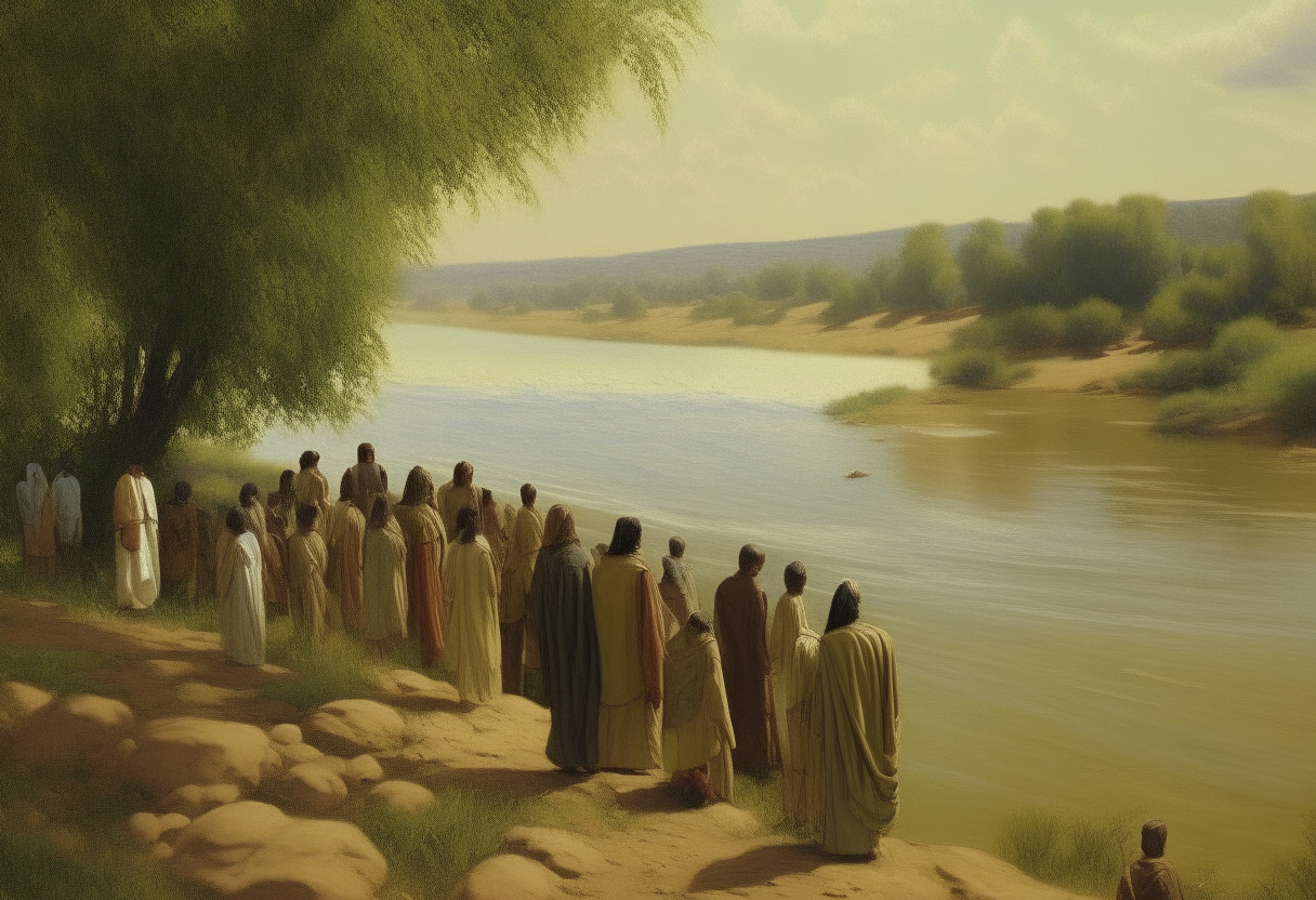 The Israelites stand on the banks of the Jordan River, seeing the Promised Land across its waters. The river is wide, but the land beyond looks fertile and green with trees and crops. Men, women and children stand together gazing at what God has promised them.