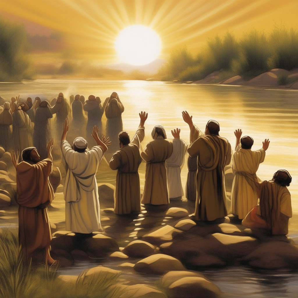 The Israelites kneel on the ground with hands raised, worshipping God after crossing the Jordan River safely into the Promised Land. The river is behind them, and the sun is shining on the fertile land that God has promised to their people.