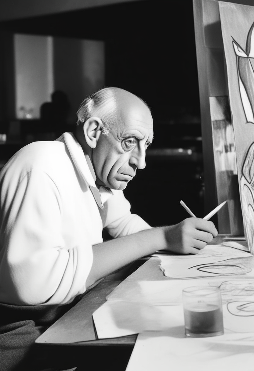 Picasso sitting in a bar and drawing on a paper