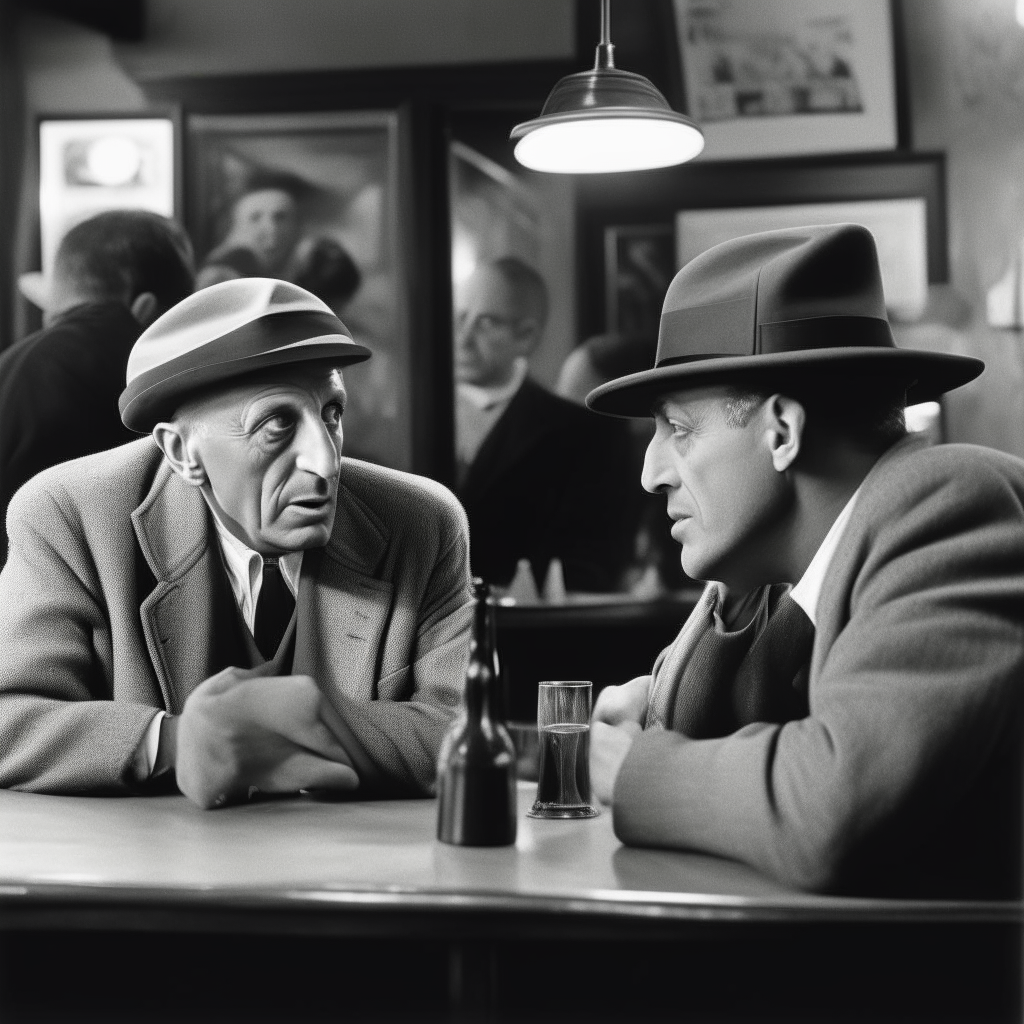 Picasso sitting at a bar talking to another man.