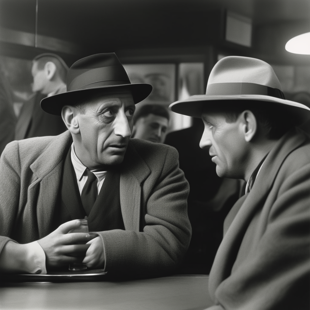 Picasso, not wearing a hat, sitting at a bar talking to another man.