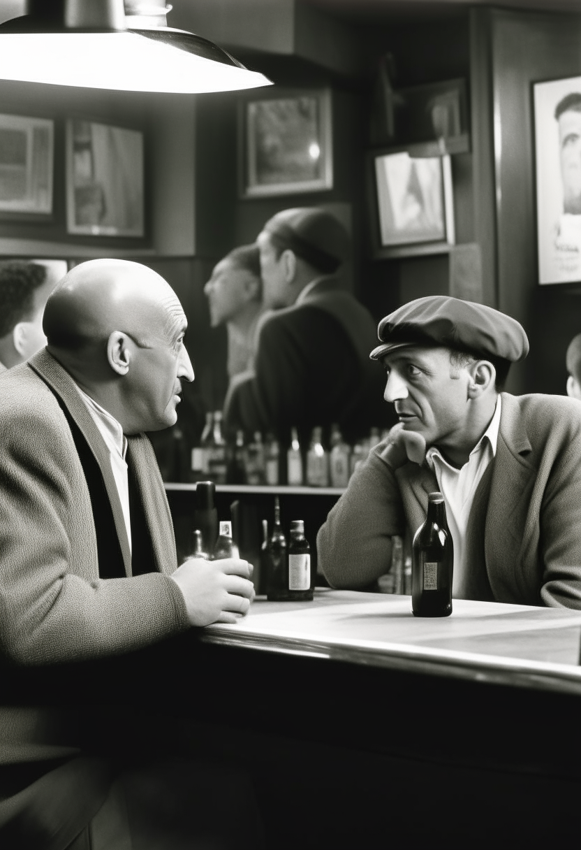 Picasso sitting at a bar talking to a man