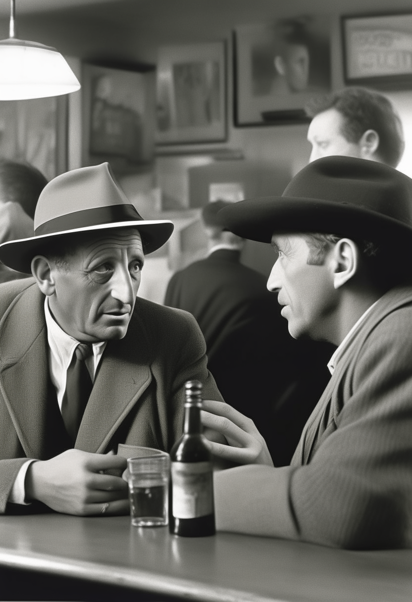 Picasso sitting at a bar talking to a man. No Hats