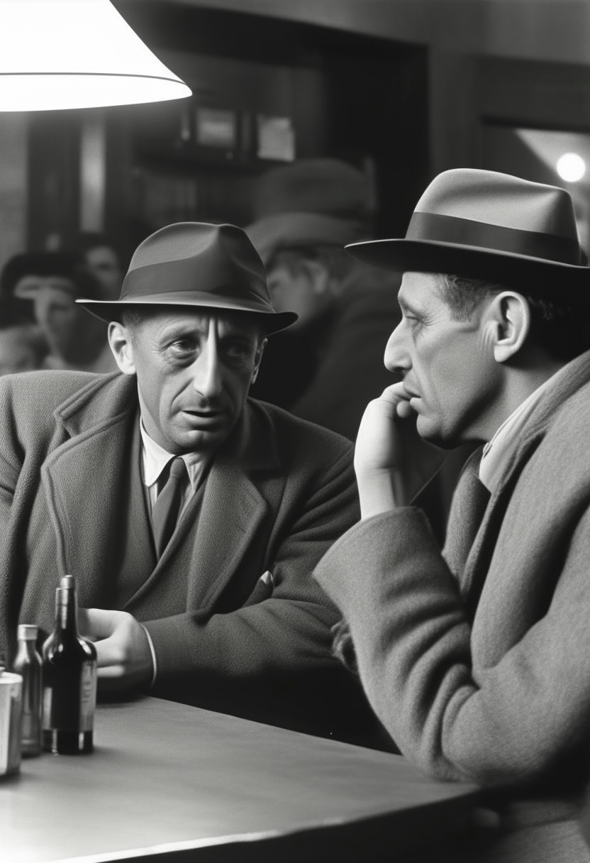 Picasso, not wearing hat, sitting at a bar talking to a man.