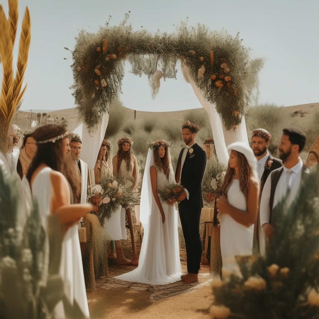 An Israelite wedding ceremony taking place outdoors in the Promised Land. The bride and groom stand under a canopy held up by family members, with other guests gathered around singing and playing instruments as is their tradition. Olive branches and flowers decorate the space.