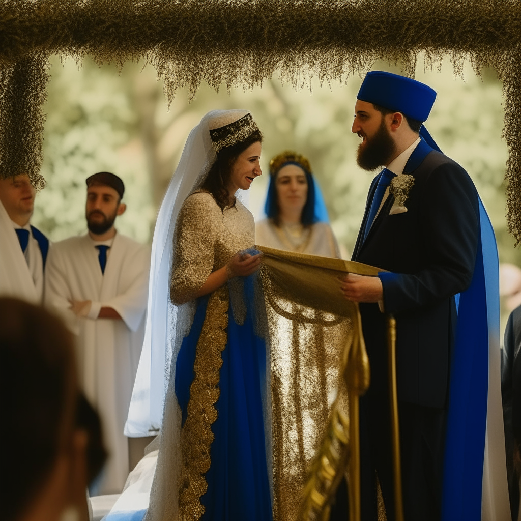 The bride and groom stand under an olive branch chuppah as a rabbi reads their wedding covenant written on parchment. The bride wears a long blue dress with gold embroidery and veil, while guests look on smiling in their traditional robes and head coverings.