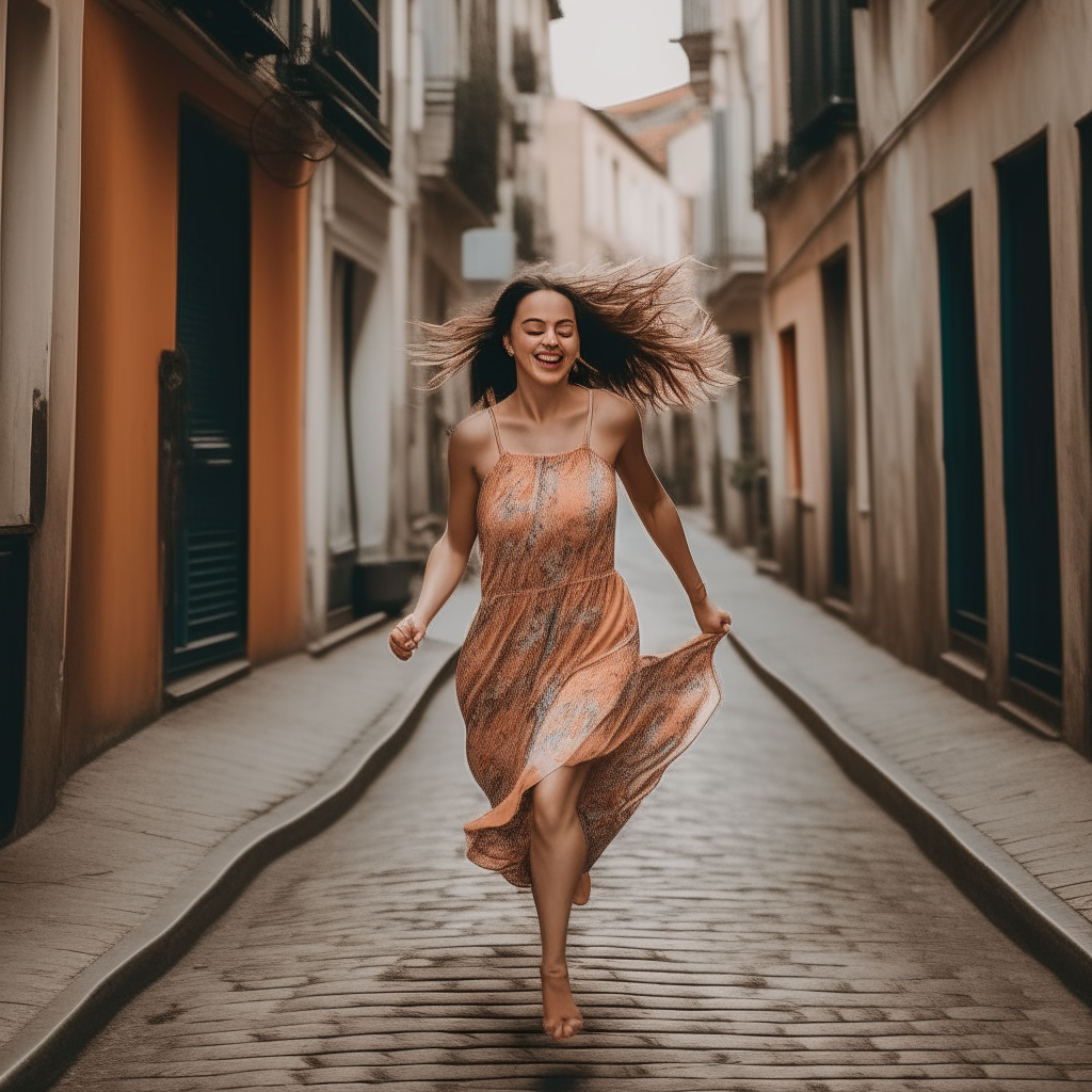 persona corriendo con vestido largo de espaldas hacia un callejón 