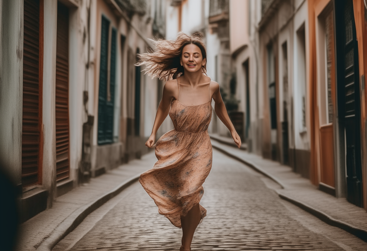 persona corriendo con vestido largo de espaldas hacia un callejón 