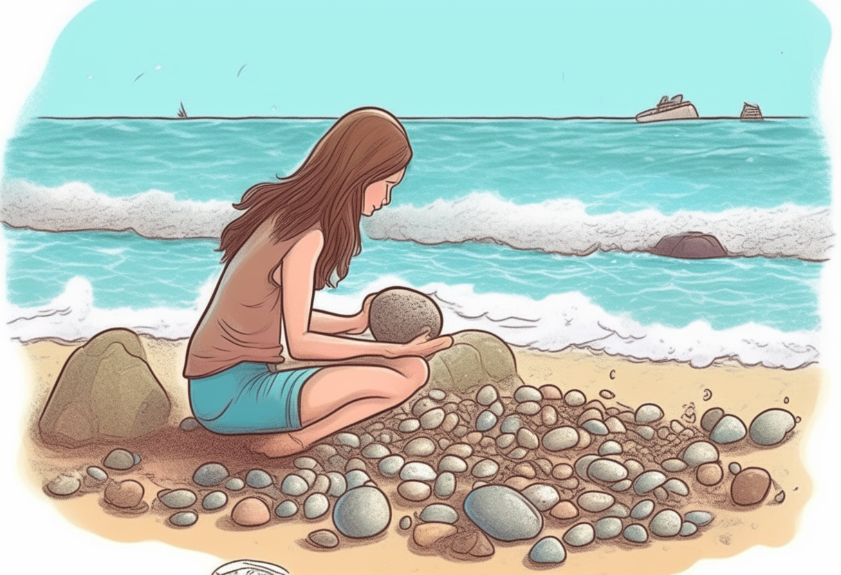 chica tirando piedras al mar tipo dibujo