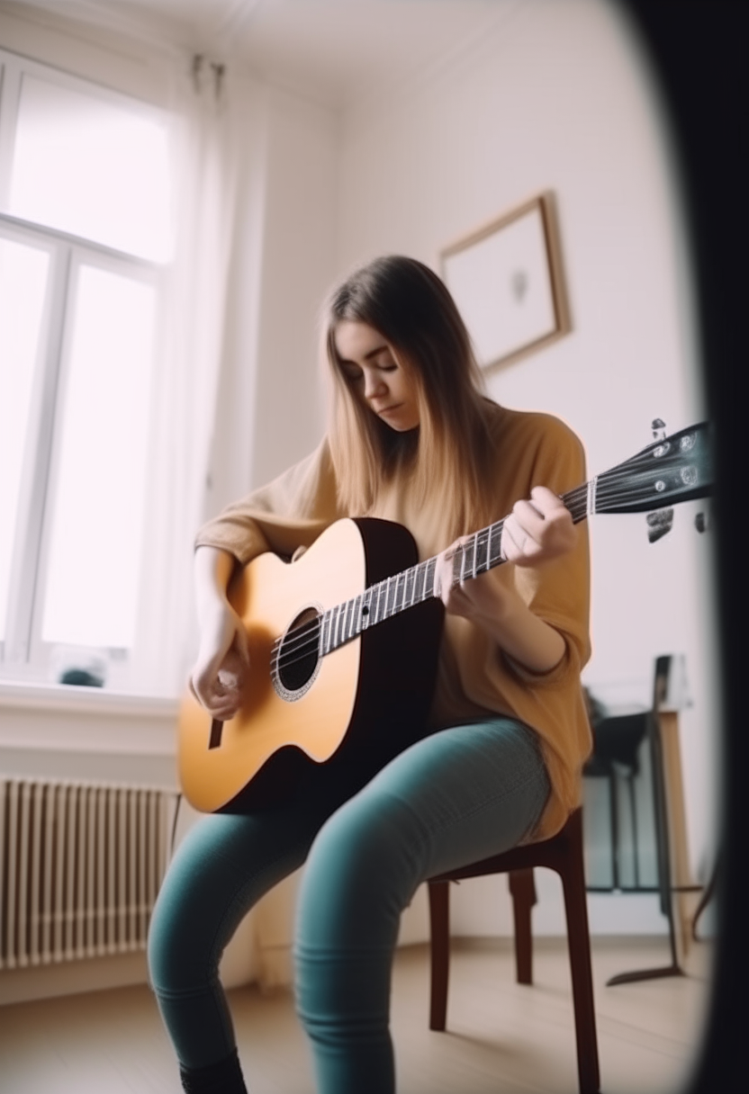 A woman plays and beats the guitar in a bright room. Make the video clear 