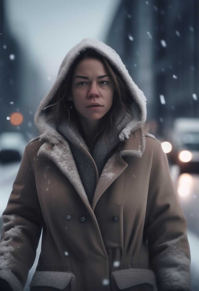 High-definition video of a large image of a woman wearing a jacket as she walks on the road in the city and the weather is simple snow, provided that the image is clear and large for the whole body and the face towards the screen as she walks 