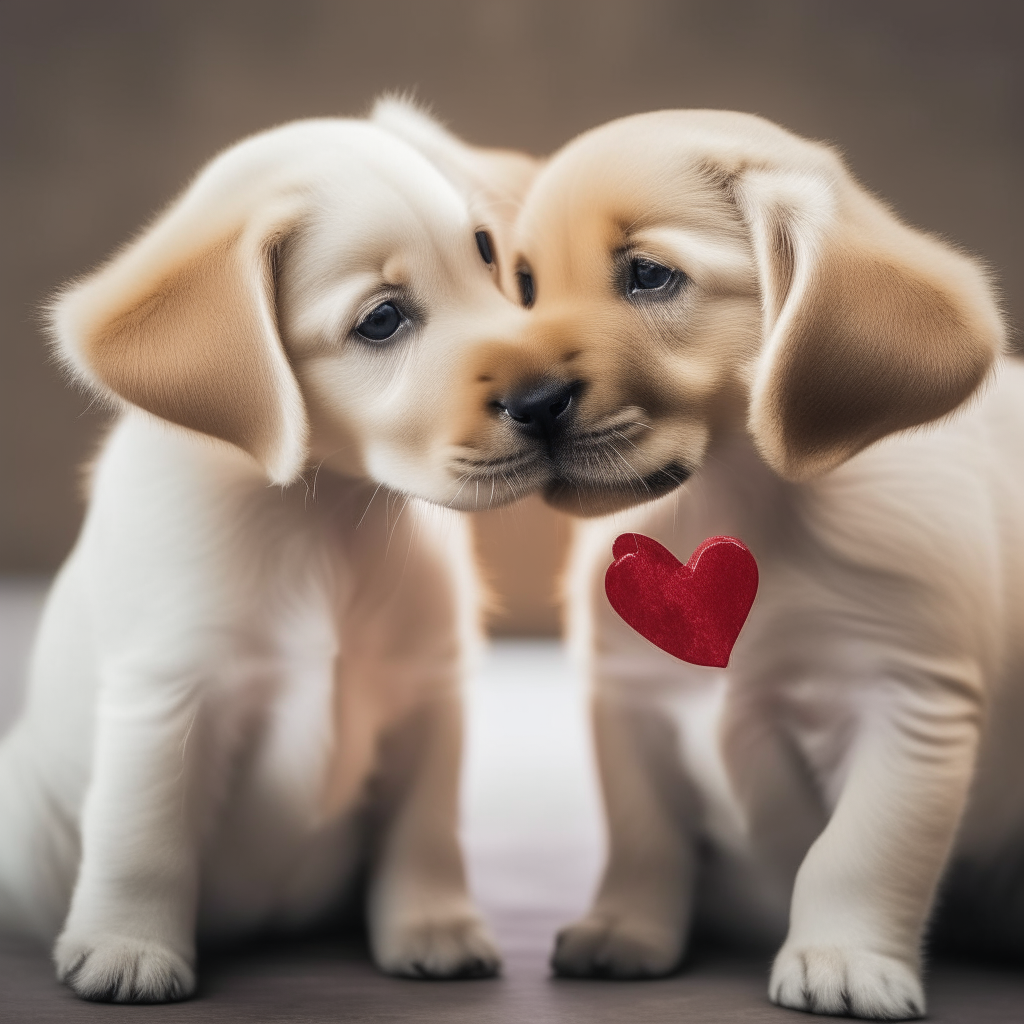 Two beautiful puppies head to head with a love heart between them.