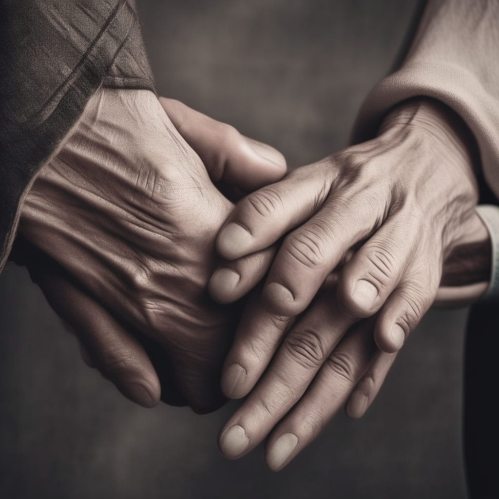 Young man's hand holding a young woman's and over time they grow old