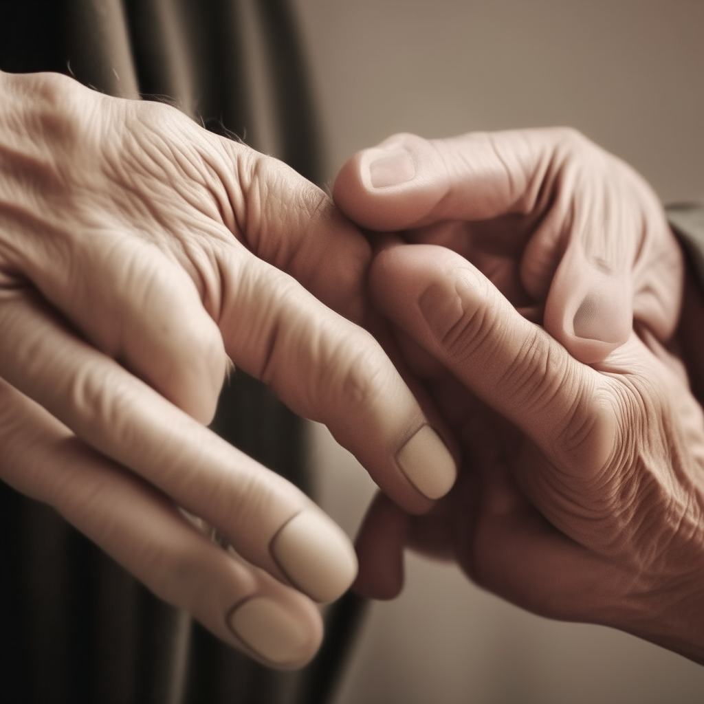 Young man's hand holding a young woman's and over time they grow old. Five fingers per hand
