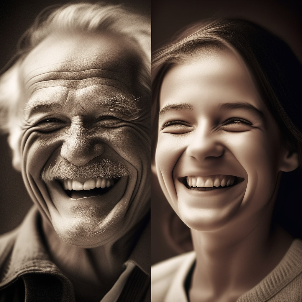 Young man's face smiling at a young woman's face and over time they grow old. 