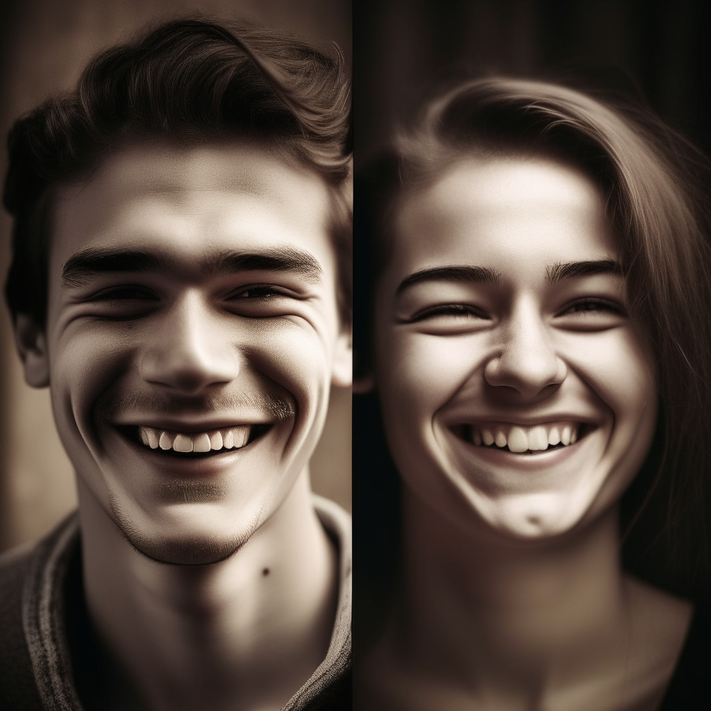 Young man's face smiling at a young woman's face and over time their faces grow old. 