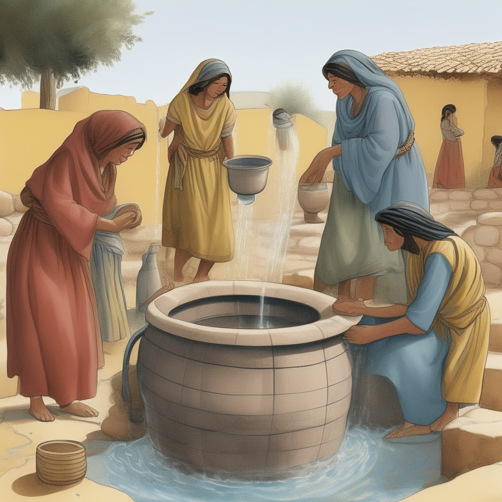 Israelite women gather by a well to draw water and wash clothes in preparation for the Sabbath. They chat and help each other with the tasks as their children play nearby.