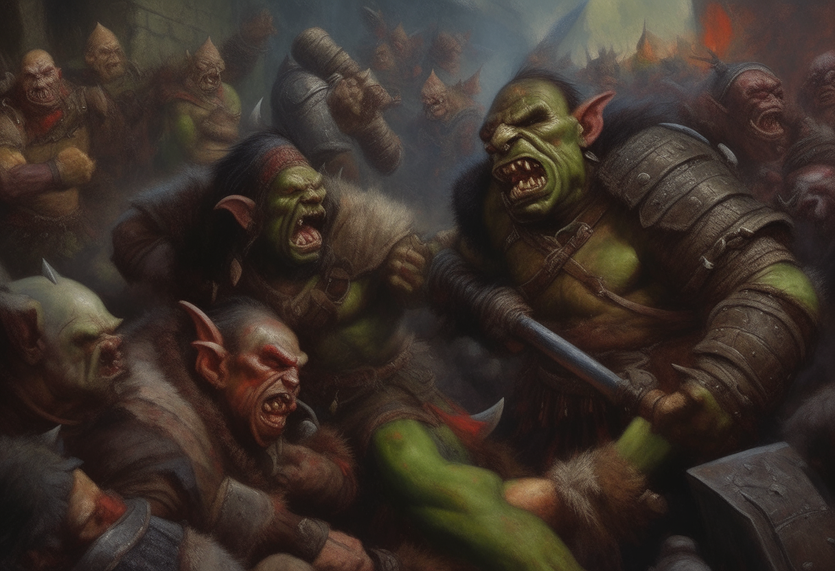 Orcs fighting with villagers, cinematic, highly detail