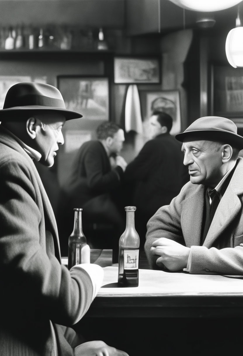 Picasso sitting in a bar, talking to a man