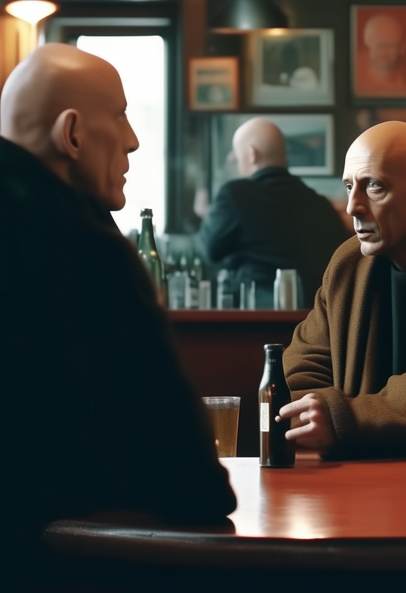 Bald Picasso sitting in a bar, talking to a man