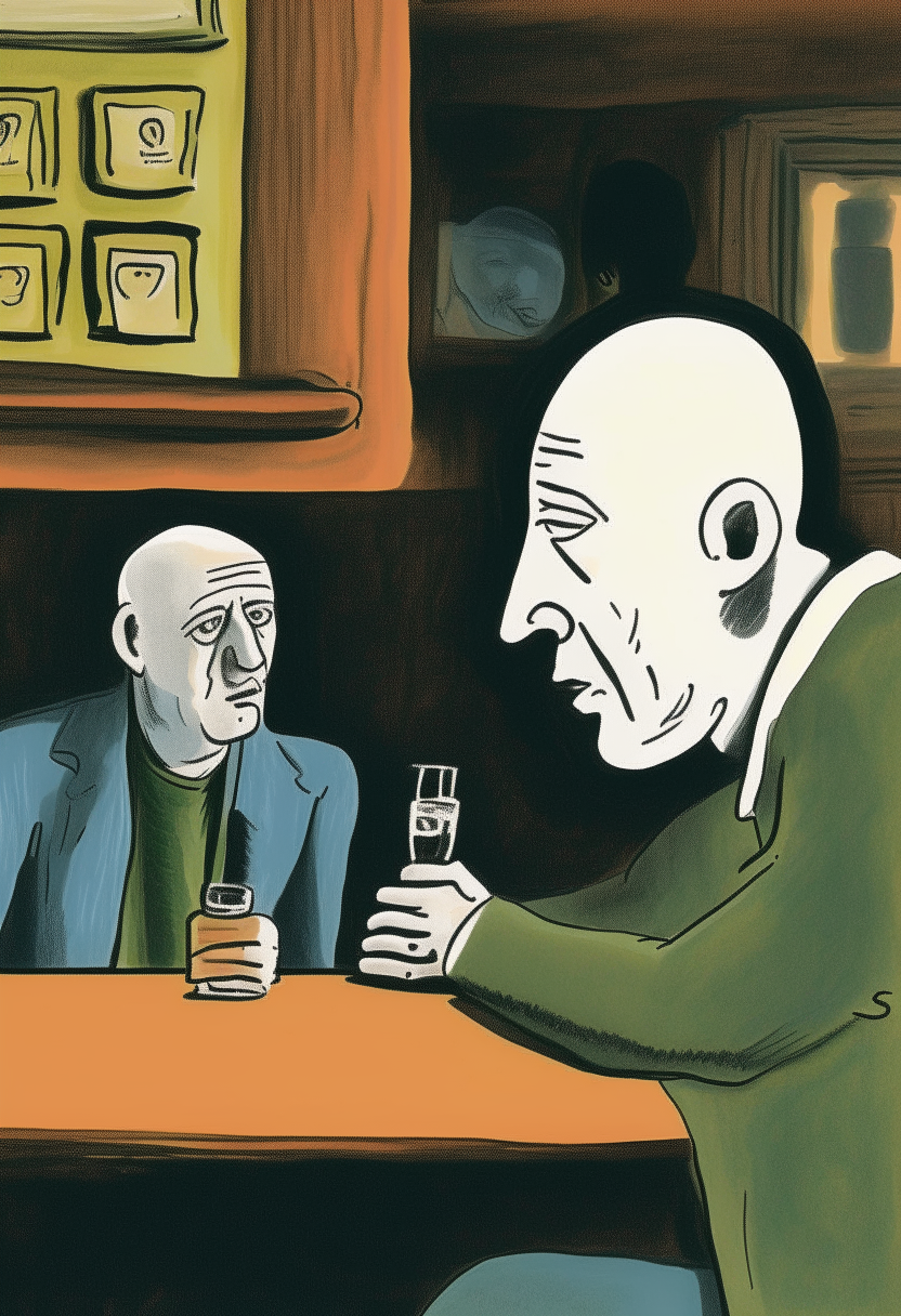 Man sitting in a bar, talking to a bald Picasso