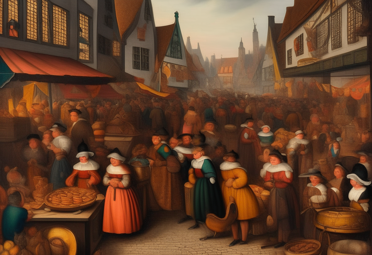 a lively bustling marketplace in a 17th century Dutch town, oil painting by Pieter Aertsen, people buying and selling goods at market stalls, warm lighting, vibrant atmosphere