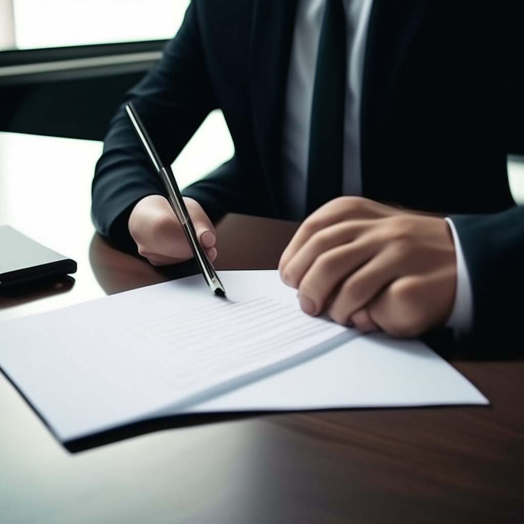 Business people who sign a contract, there's a laptop on the table, documents.