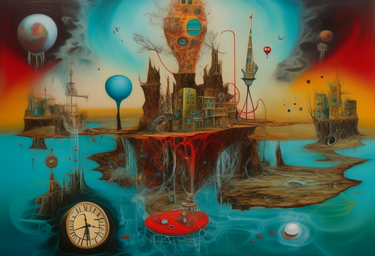 a surrealist painting with floating islands, melting clocks, and abstract shapes, intricate details, vibrant colors, inspired by Salvador Dali and Max Ernst