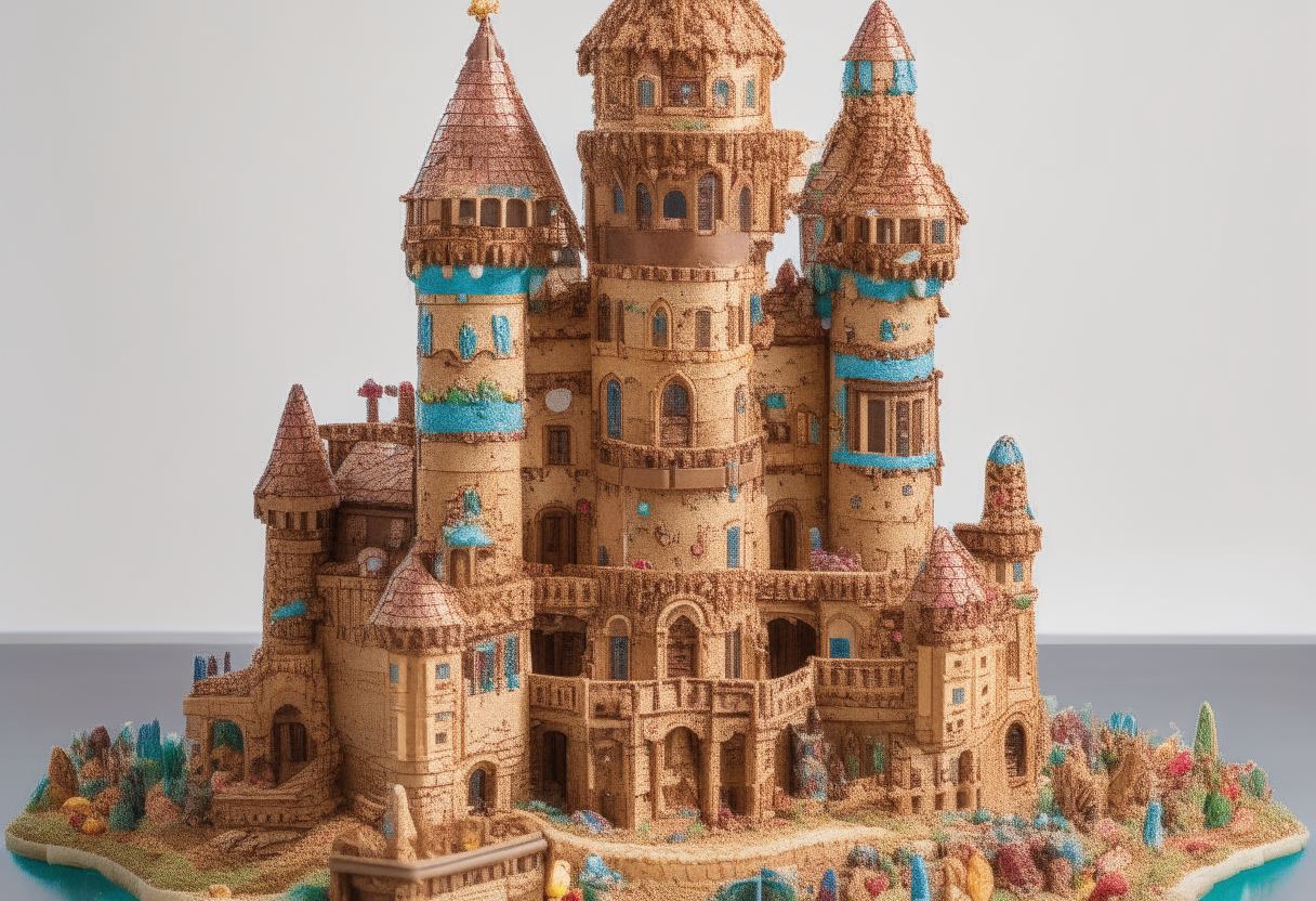 A fantastical castle in the style of John William Waterhouse, where all the knights and princesses are dressed as characters from different Disney movies, and all the castle walls and towers are made of different popular breakfast cereals like Lucky Charms, Froot Loops, and Cocoa Puffs