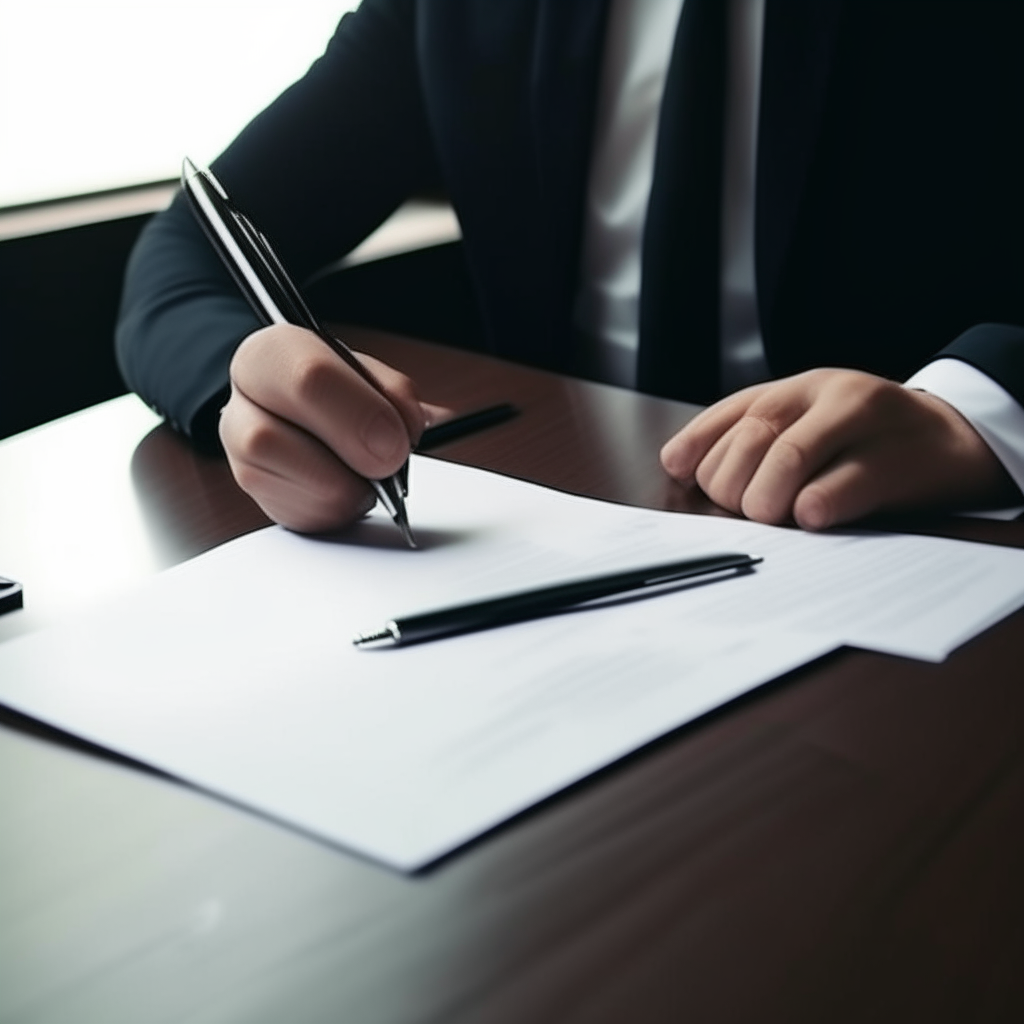 Business people who sign a contract, there's a laptop on the table, documents.
