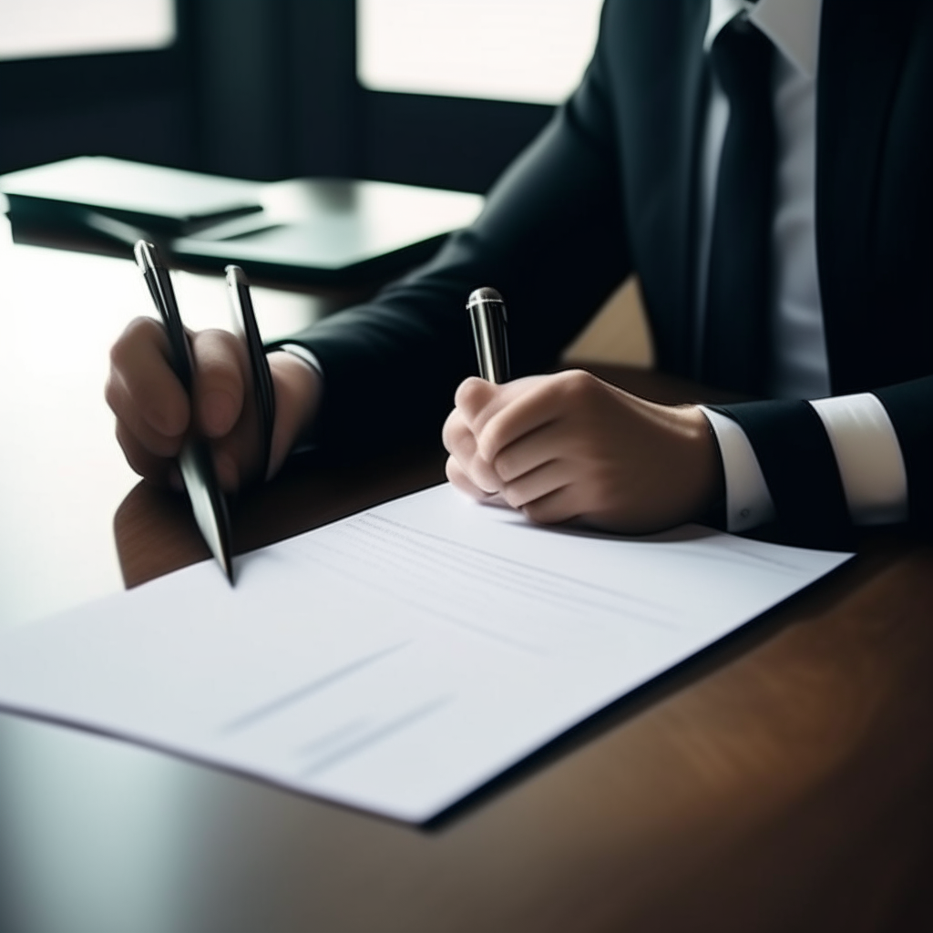 Business people who sign a contract, there's a laptop on the table, documents.