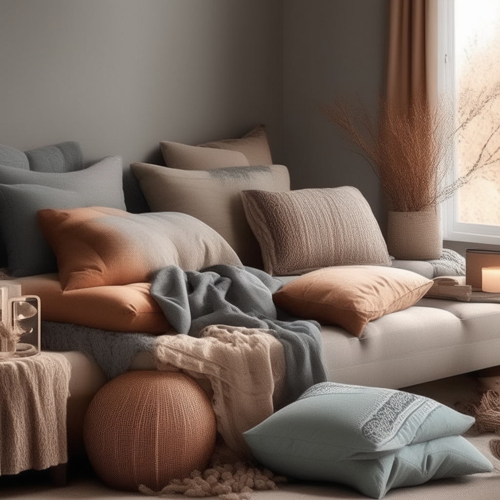 Ensure that the throw pillows and blankets feature muted tones that harmonize with the room's color scheme. Consider earthy tones like soft grays, warm beiges, or calming pastels to create a soothing and cohesive ambiance. all room apper
